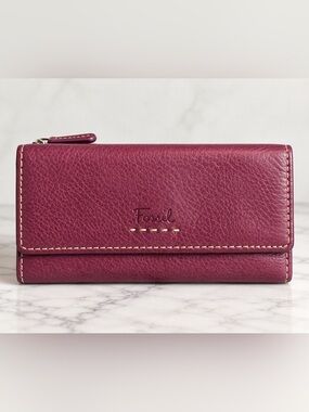 Fossil Oxblood Burgundy Leather Wallet Y2K Vintage Clutch